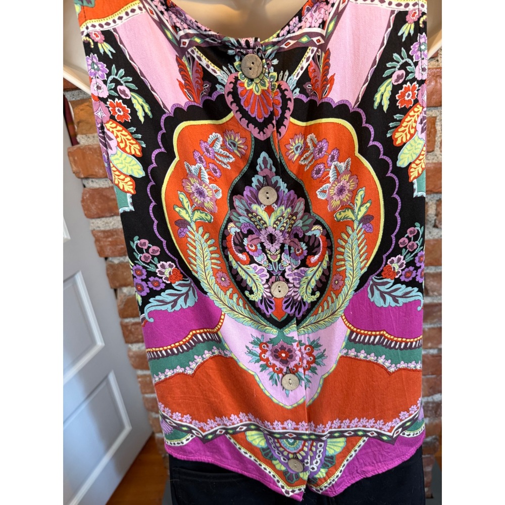 Rachel Zoe Pink Orange Paisley Medallion Button Back Sleeveless Rayon Top Small - Picture 4 of 9